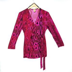 Anne Klein Animal Print Long Sleeve Fuschia Wrap Blouse Vintage Snake Skin Sz L